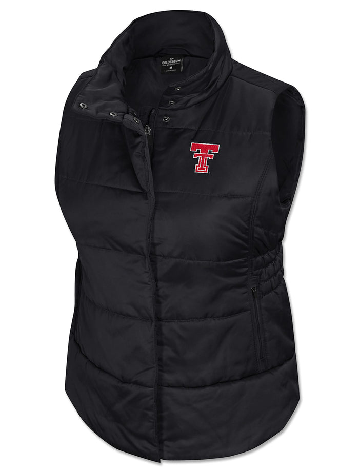 Black channel quilted Texas Tech women's puffer vest with a ribbed stand collar, a snap over placket and a red Double T at the left chest