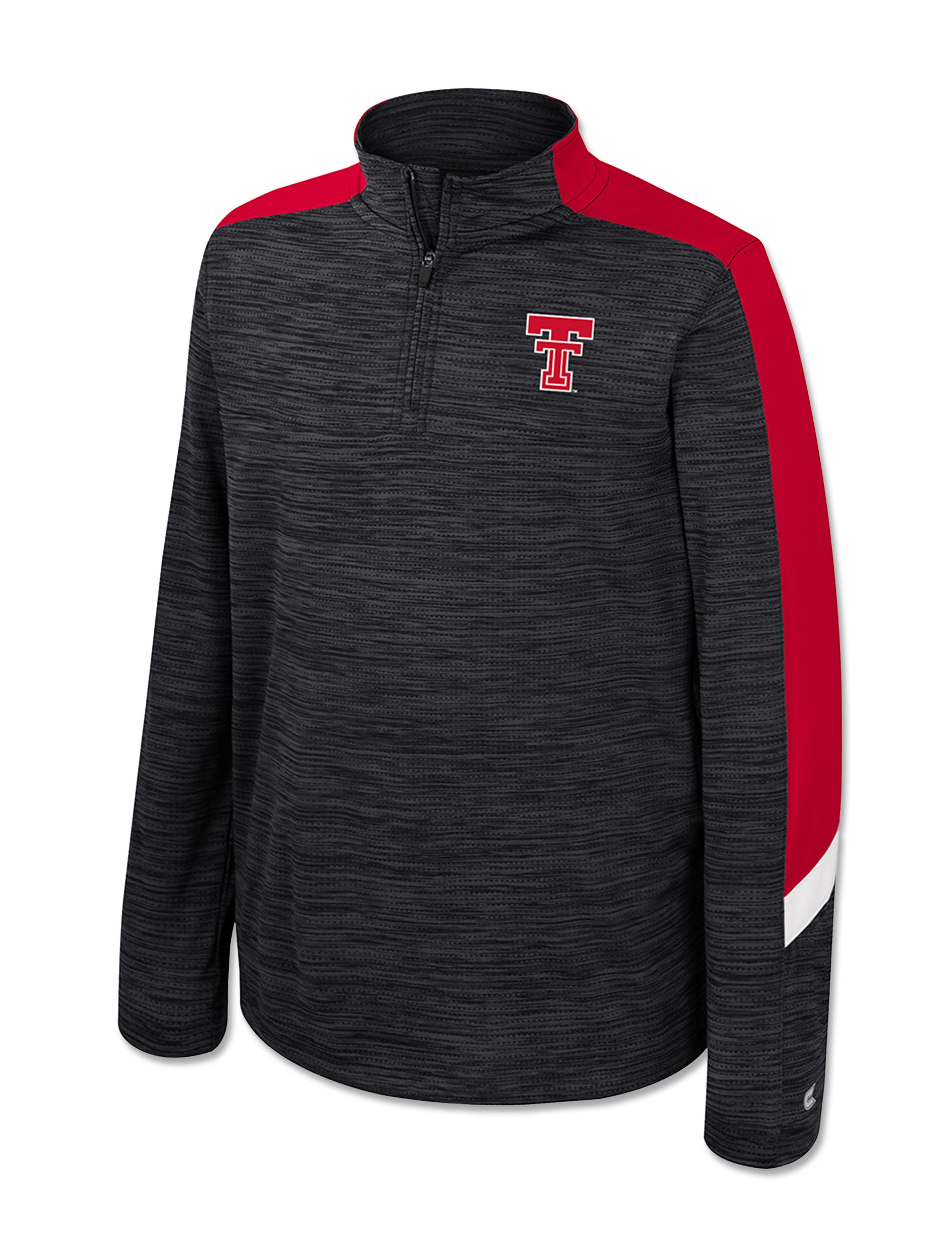 Black Texas Tech youth quarter zip windshirt with red shoulder panels running down the sleeves to a white notch above the cuff and a red Double T at the chest