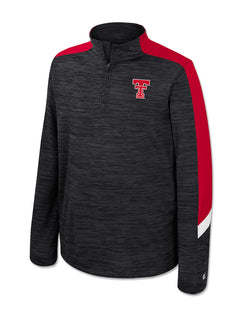 Black Texas Tech youth quarter zip windshirt with red shoulder panels running down the sleeves to a white notch above the cuff and a red Double T at the chest
