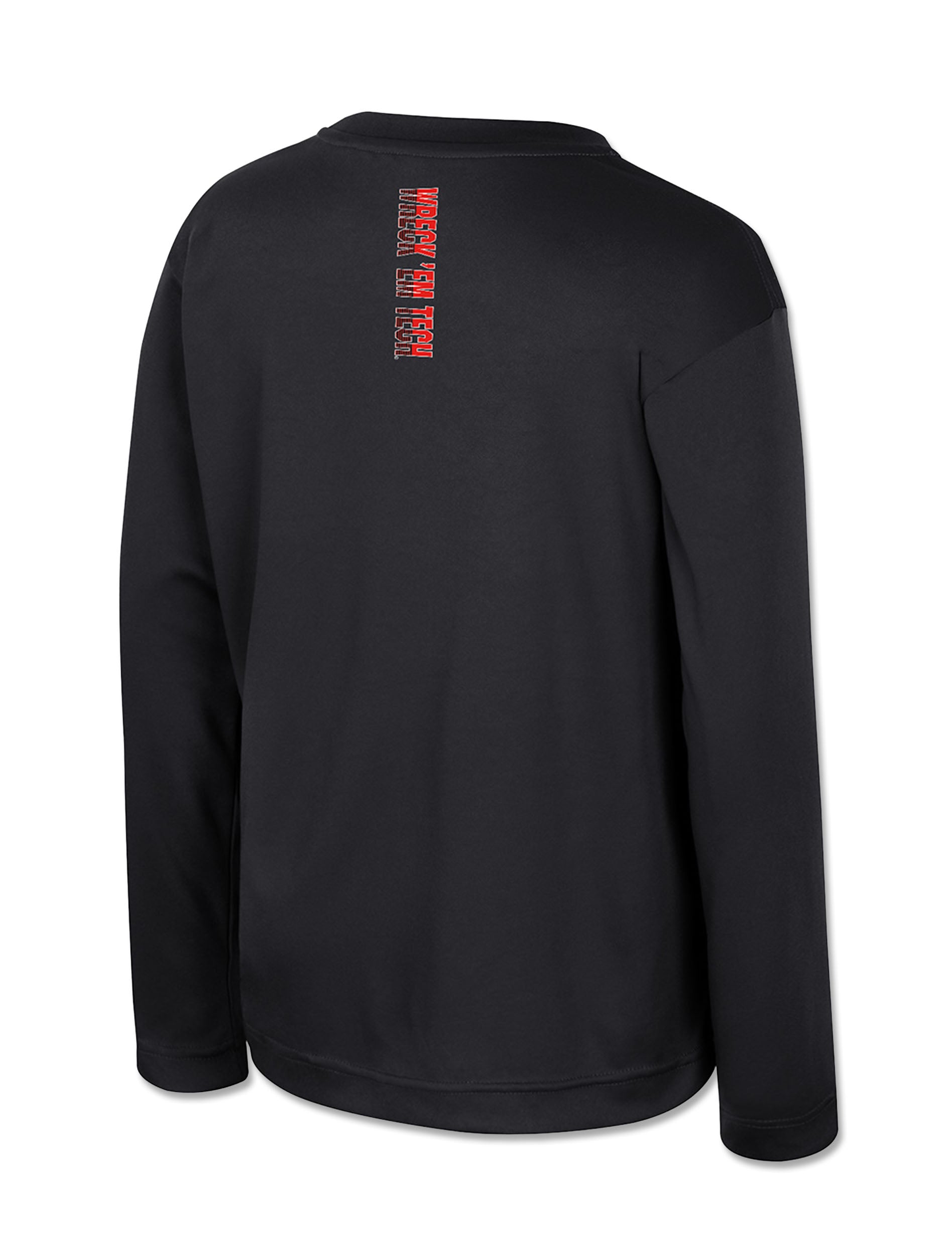 Back of a black Texas Tech youth long sleeve tee with WRECK EM TECH printed vertically down the center in red