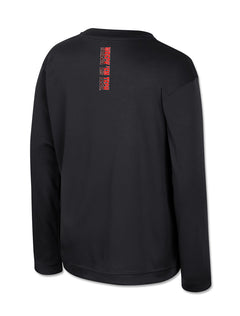 Back of a black Texas Tech youth long sleeve tee with WRECK EM TECH printed vertically down the center in red