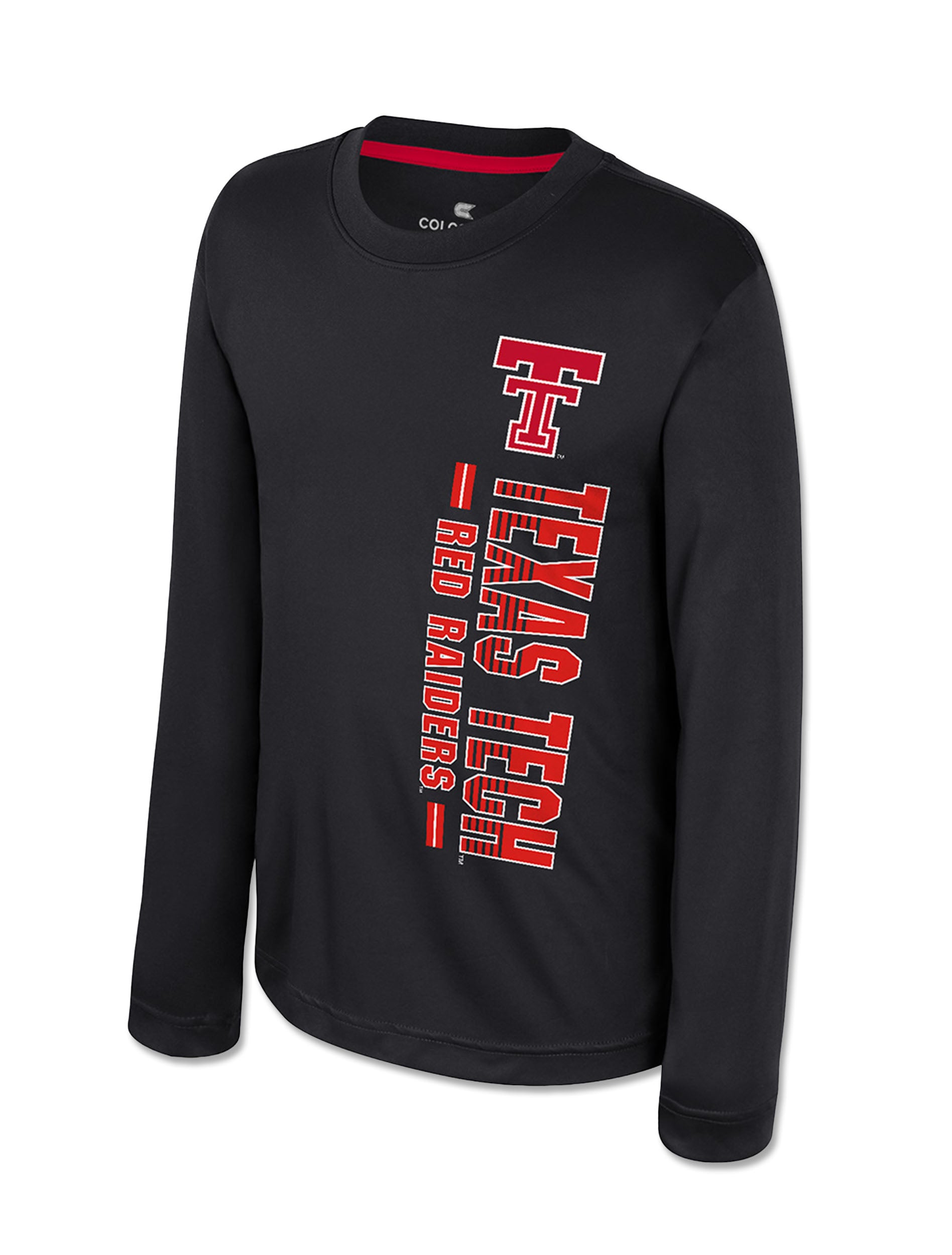 Front of a black Texas Tech youth long sleeve tee with a red Double T above TEXAS TECH and RED RAIDERS set vertically down the chest