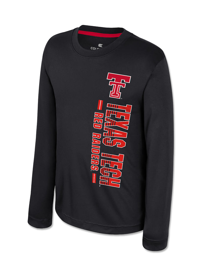 Front of a black Texas Tech youth long sleeve tee with a red Double T above TEXAS TECH and RED RAIDERS set vertically down the chest