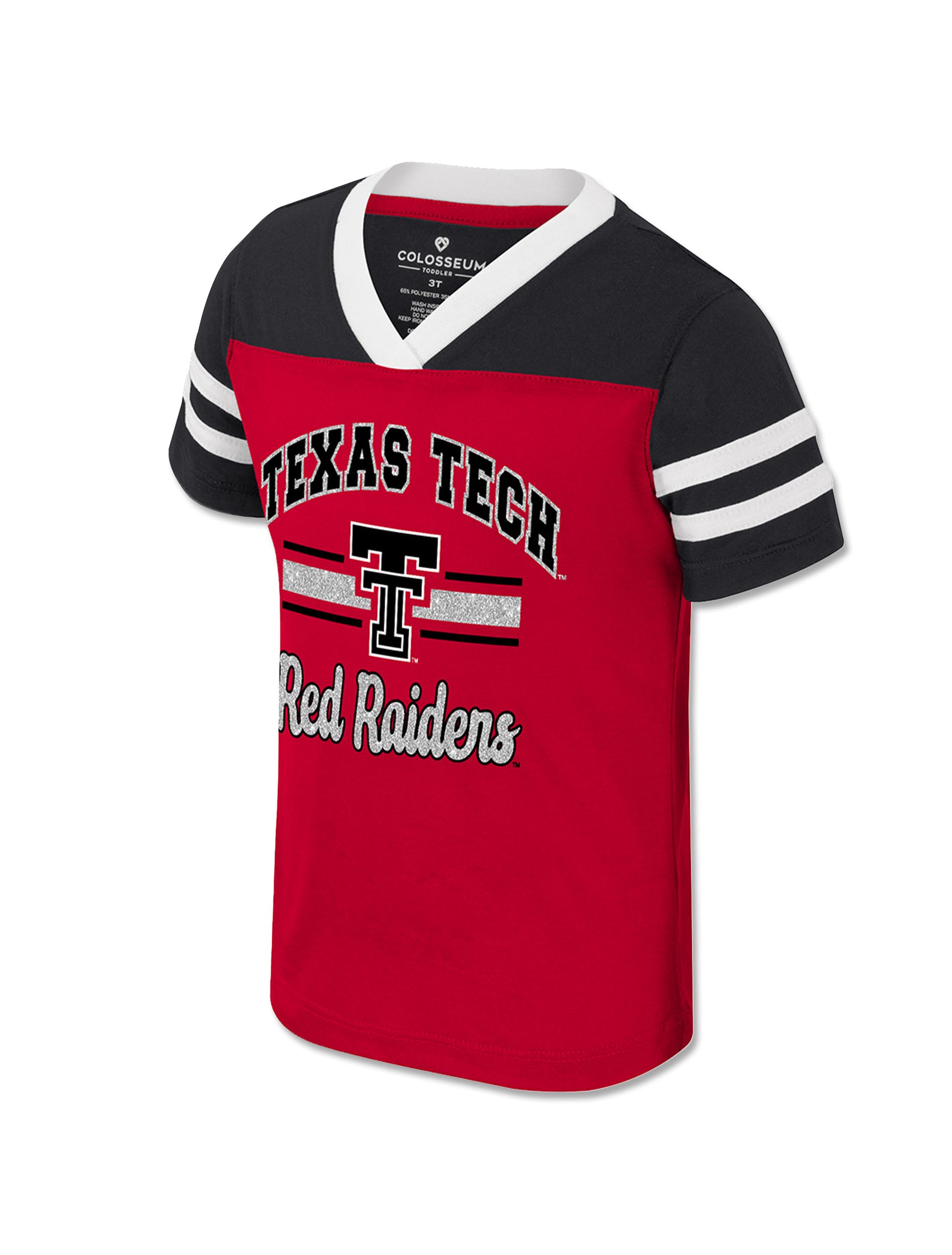 Red Texas Tech toddler jersey tee with a black yoke and sleeves, white trimmed V neck, white sleeve stripes and TEXAS TECH over Red Raiders in silver glitter