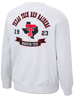 Back view of a Texas Tech Red Raiders circle graphic with the Double T on a Texas state outline and a Wreck’Em Tech banner on a light heather grey Arena crewneck sweatshirt