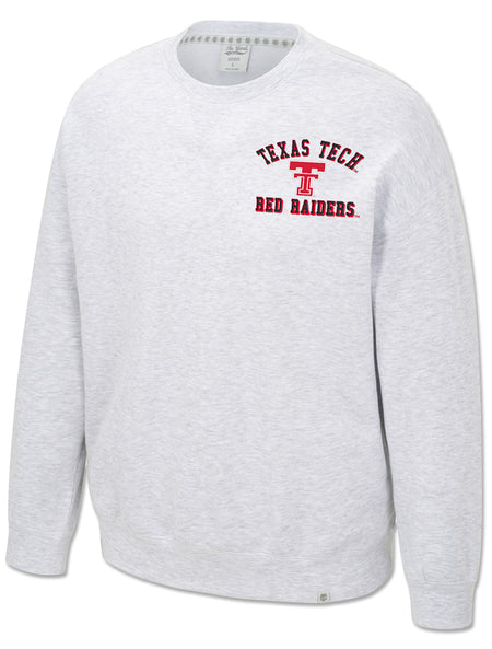 Front view of a red Double T with Texas Tech Red Raiders lettering on the left chest of a light heather grey Arena crewneck sweatshirt