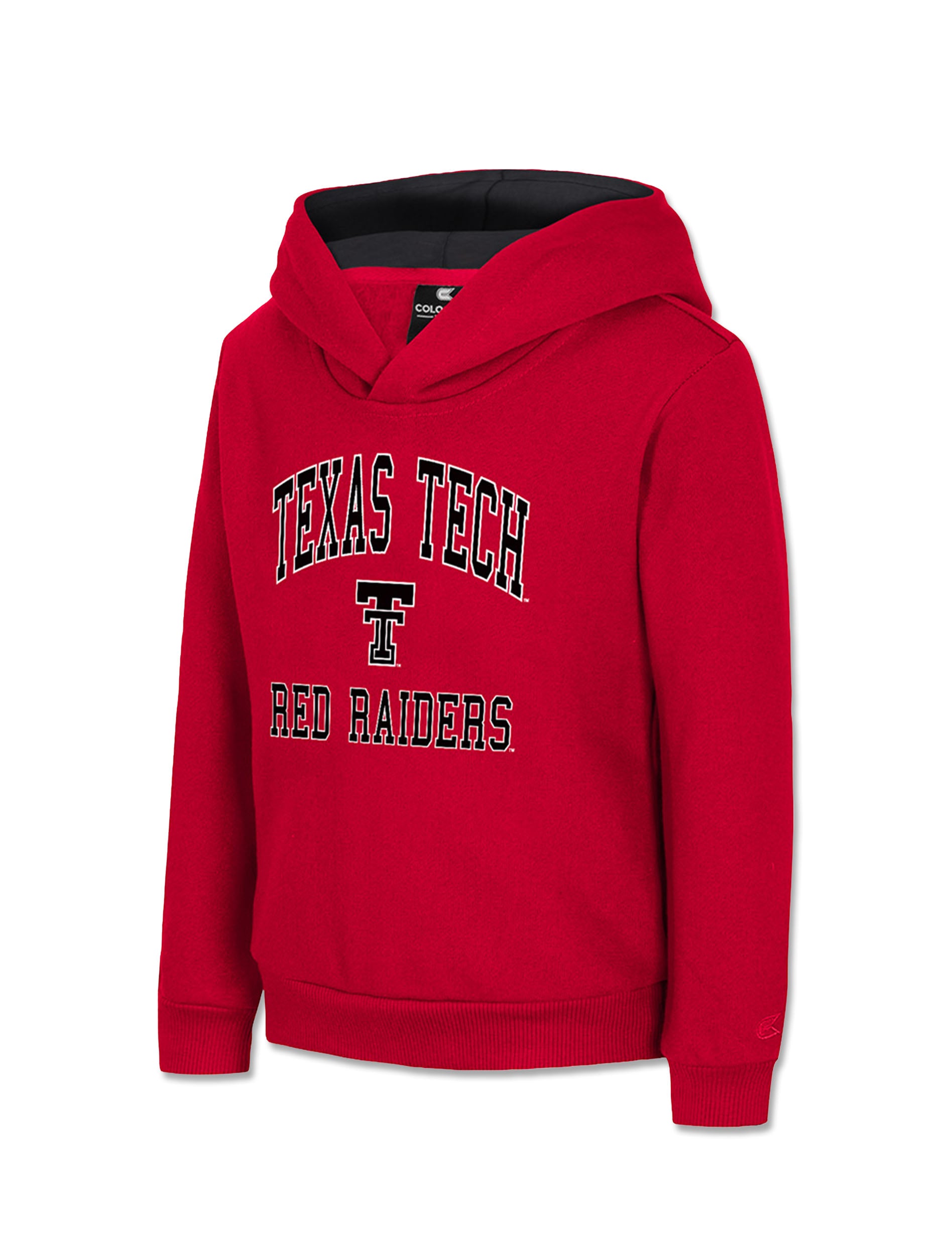 Red Texas Tech toddler hoodie with arched TEXAS TECH in black above the Double T and RED RAIDERS, with a black lined hood