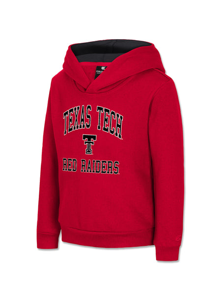 Red Texas Tech toddler hoodie with arched TEXAS TECH in black above the Double T and RED RAIDERS, with a black lined hood