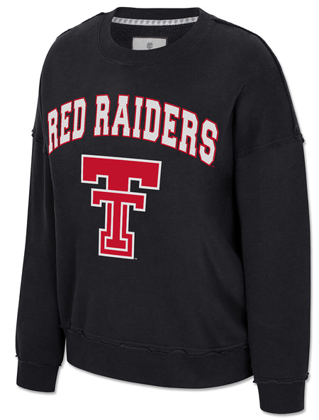White RED RAIDERS lettering and a red Double T on a washed black Arena Texas Tech women's sueded fleece crewneck with exposed seams