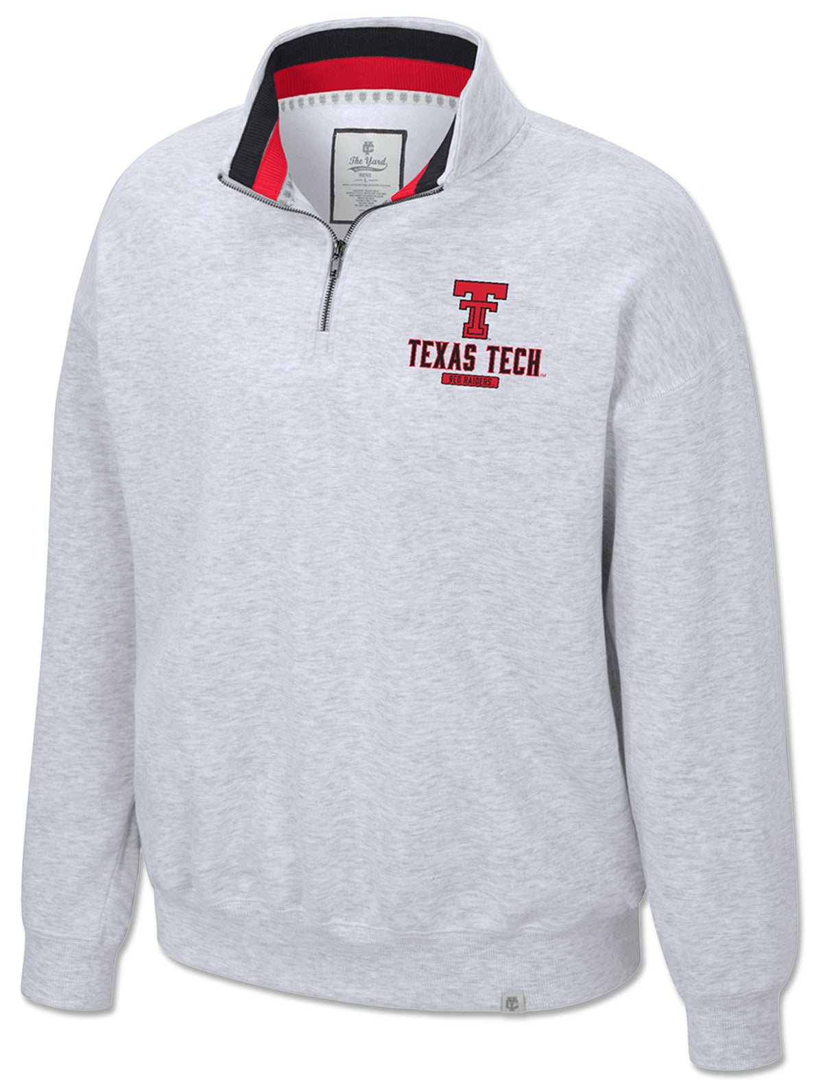 Red Double T over TEXAS TECH on the chest of a heather grey Arena quarter zip pullover