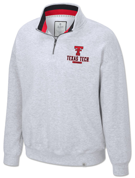 Red Double T over TEXAS TECH on the chest of a heather grey Arena quarter zip pullover