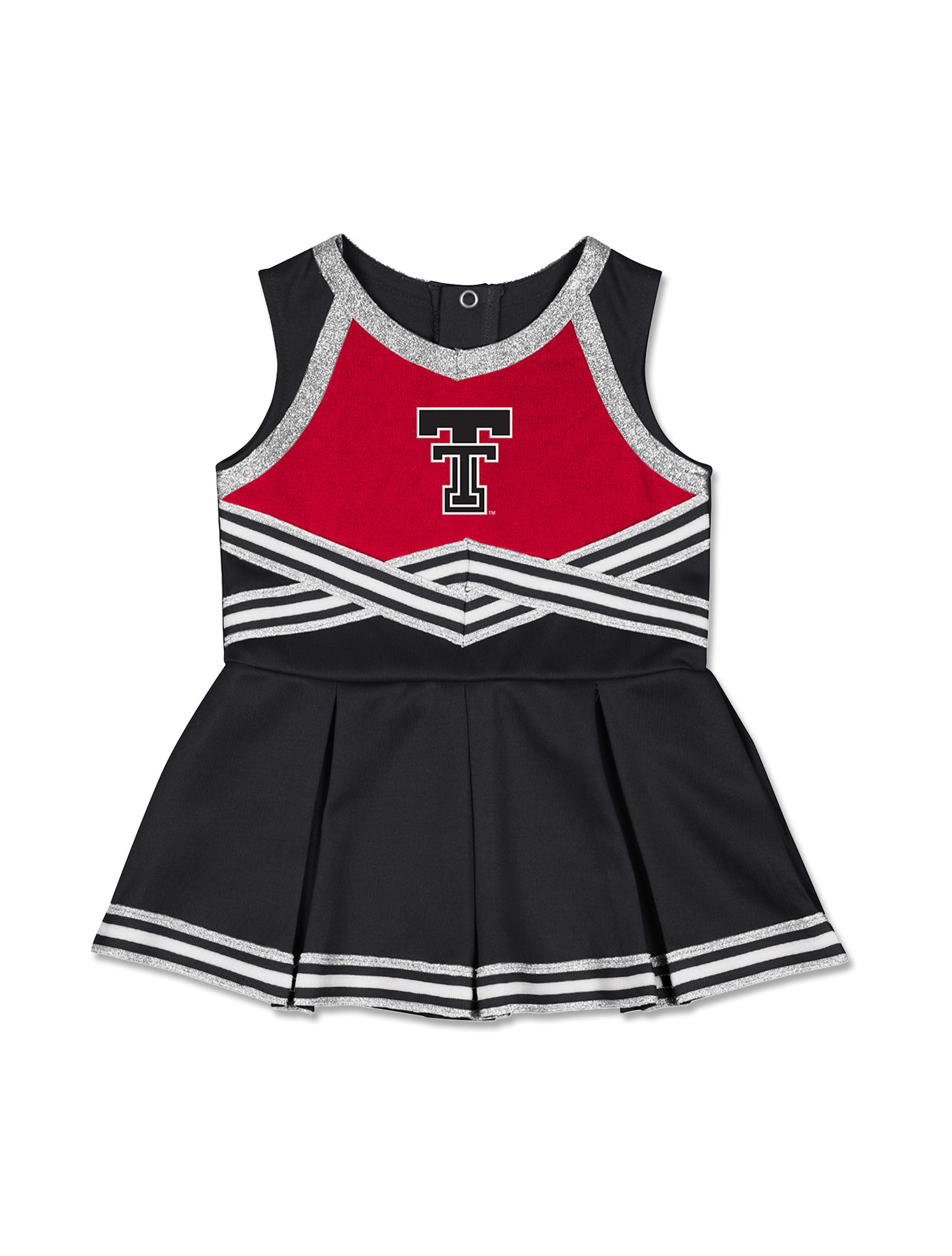 Black Texas Tech infant cheer dress with the Double T on a red chevron panel, silver glitter trim and a pleated skirt with striped hem