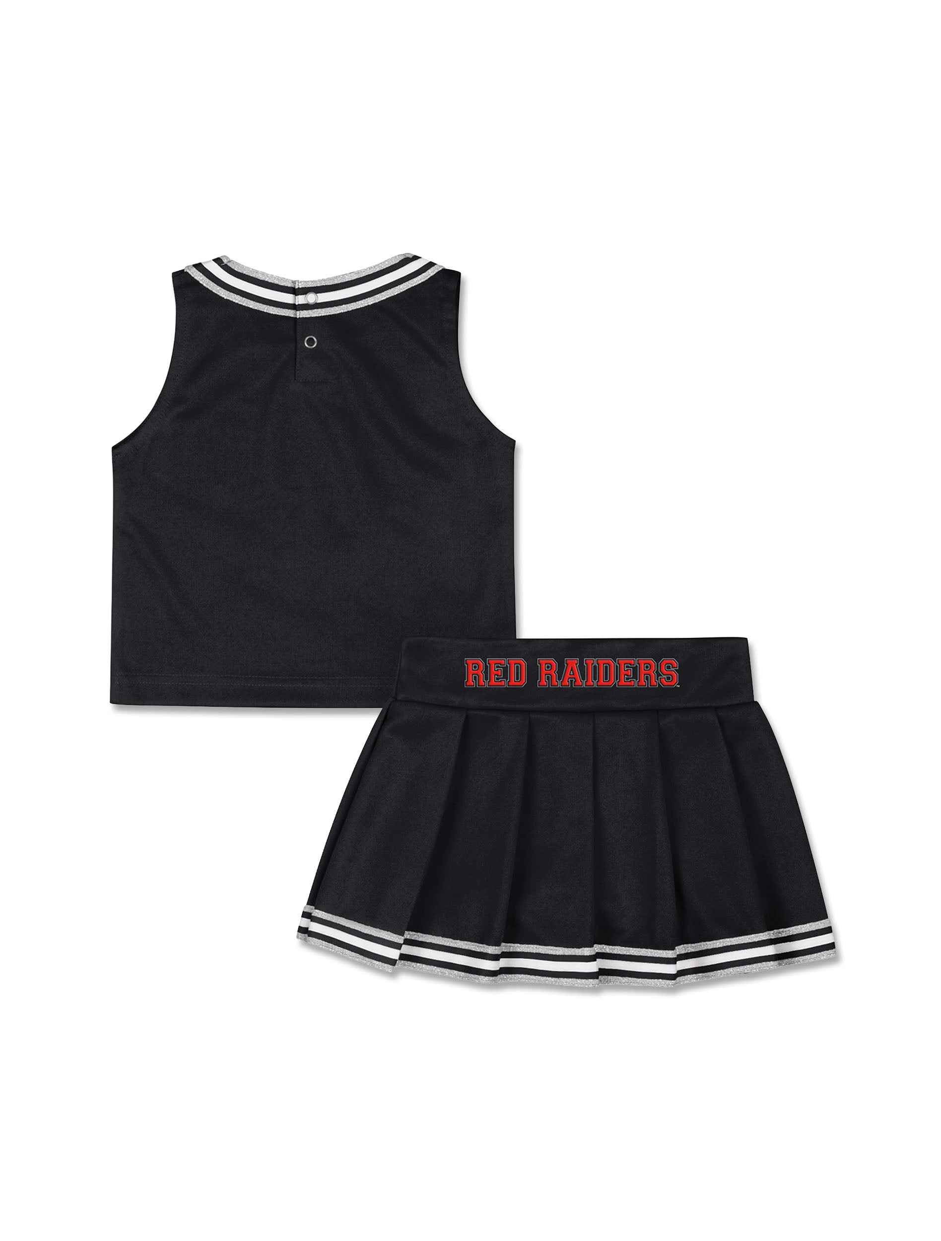 Back of a black Texas Tech toddler cheer set showing the snap closures at the neck and RED RAIDERS across the skirt waistband
