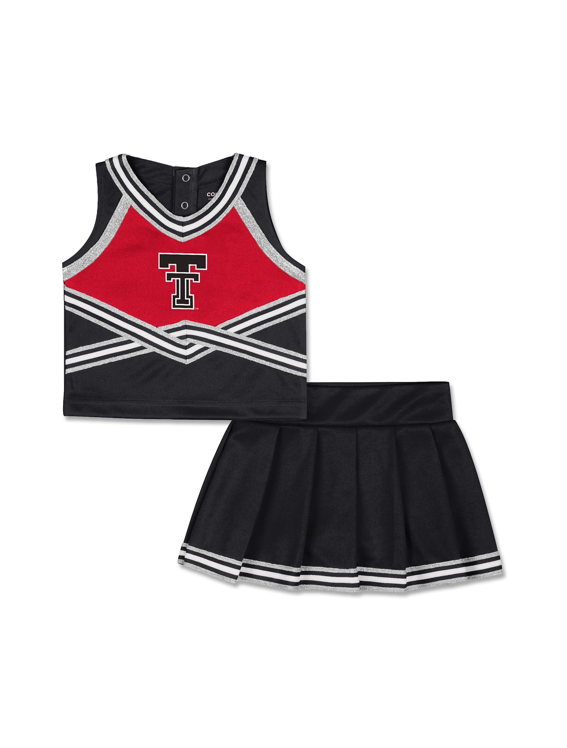 Front of a black Texas Tech toddler cheer set with a Double T on a red diamond panel and a pleated skirt with striped hem trim