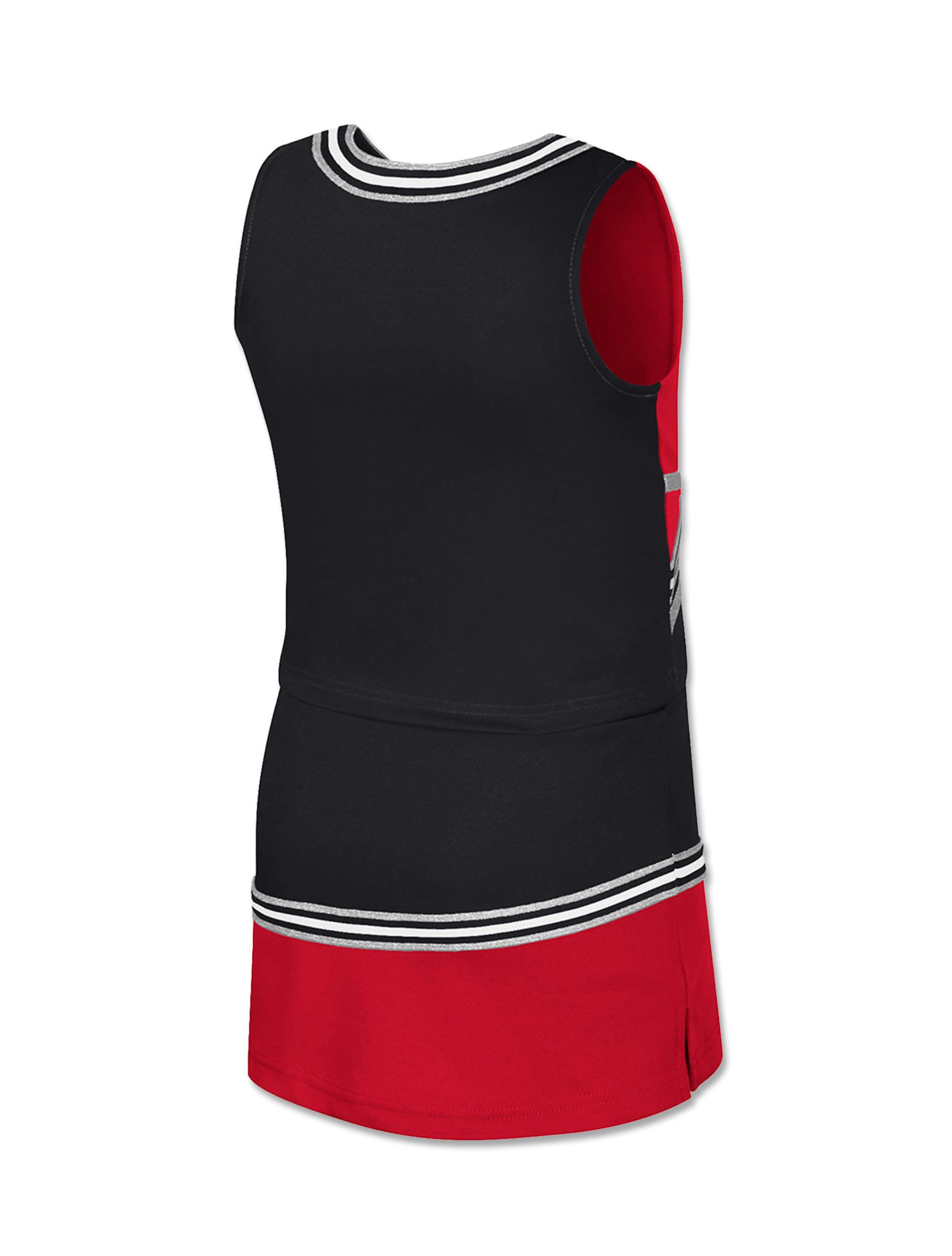 Back of a red and black Texas Tech girls cheer set showing the striped neckline and red hem band on the skirt