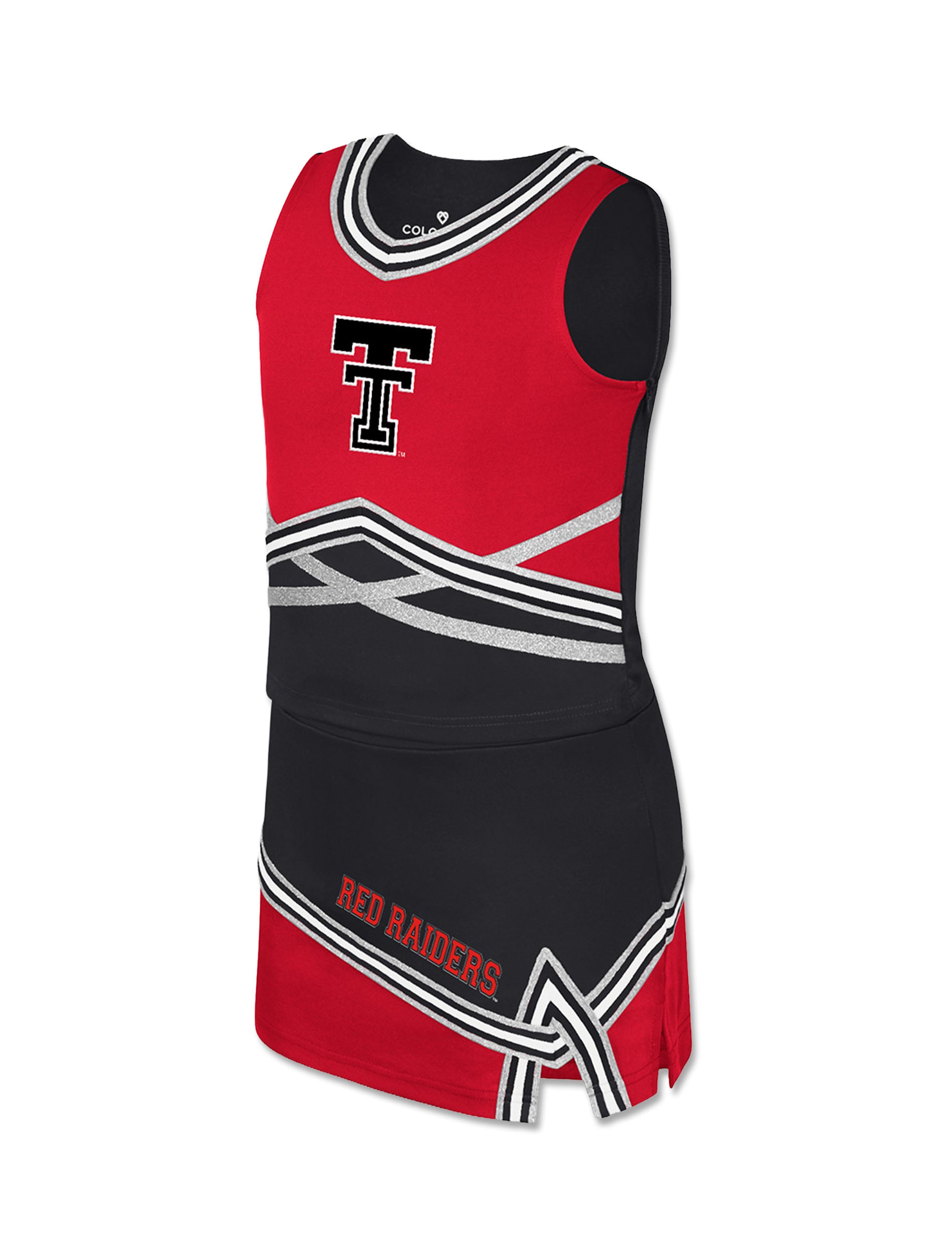 Front of a red and black Texas Tech girls cheer set with a Double T on the top and RED RAIDERS across the skirt