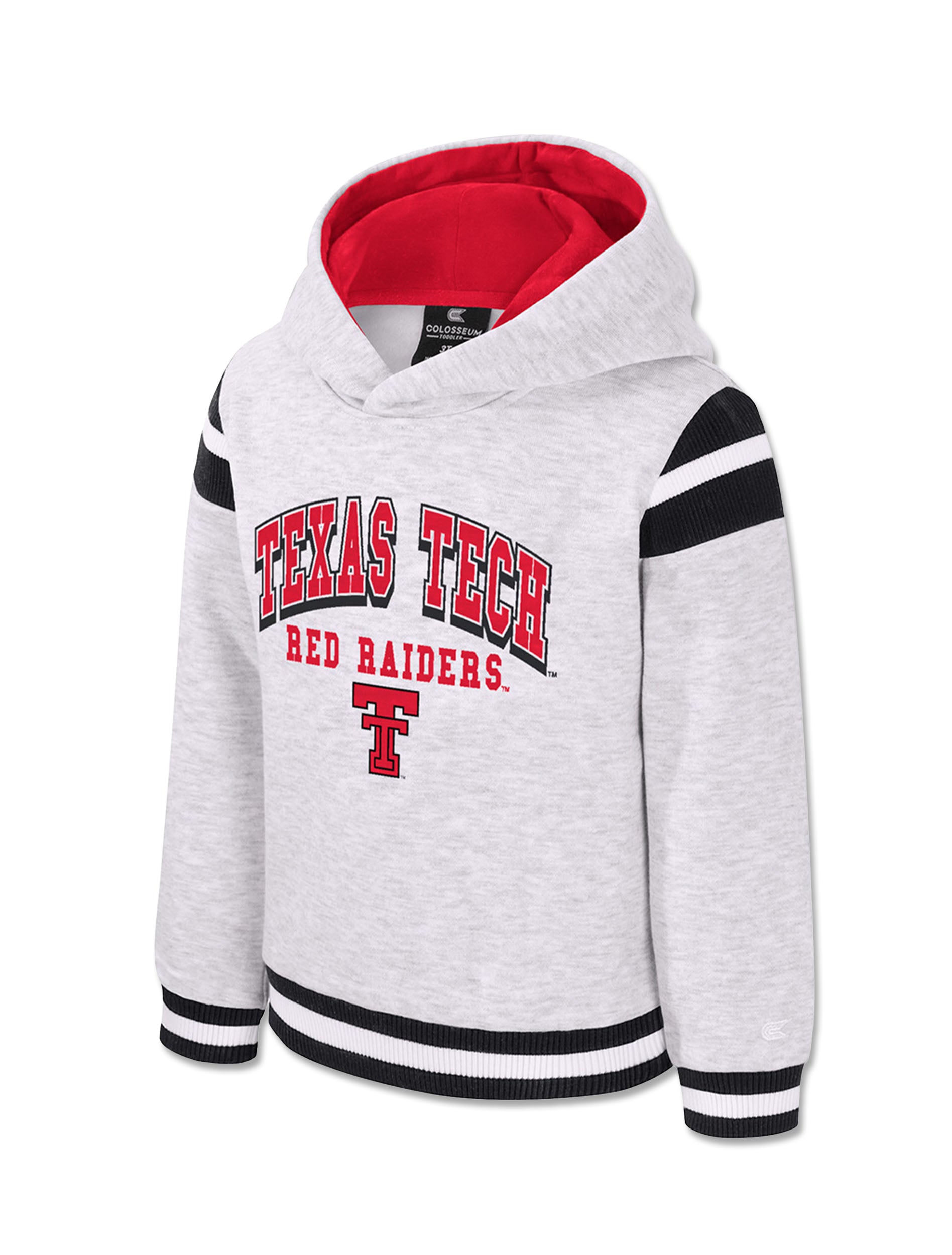 Light heather grey Texas Tech toddler hoodie with TEXAS TECH arched over RED RAIDERS and the Double T in red, black and white striped shoulders and cuffs, and a red lined hood