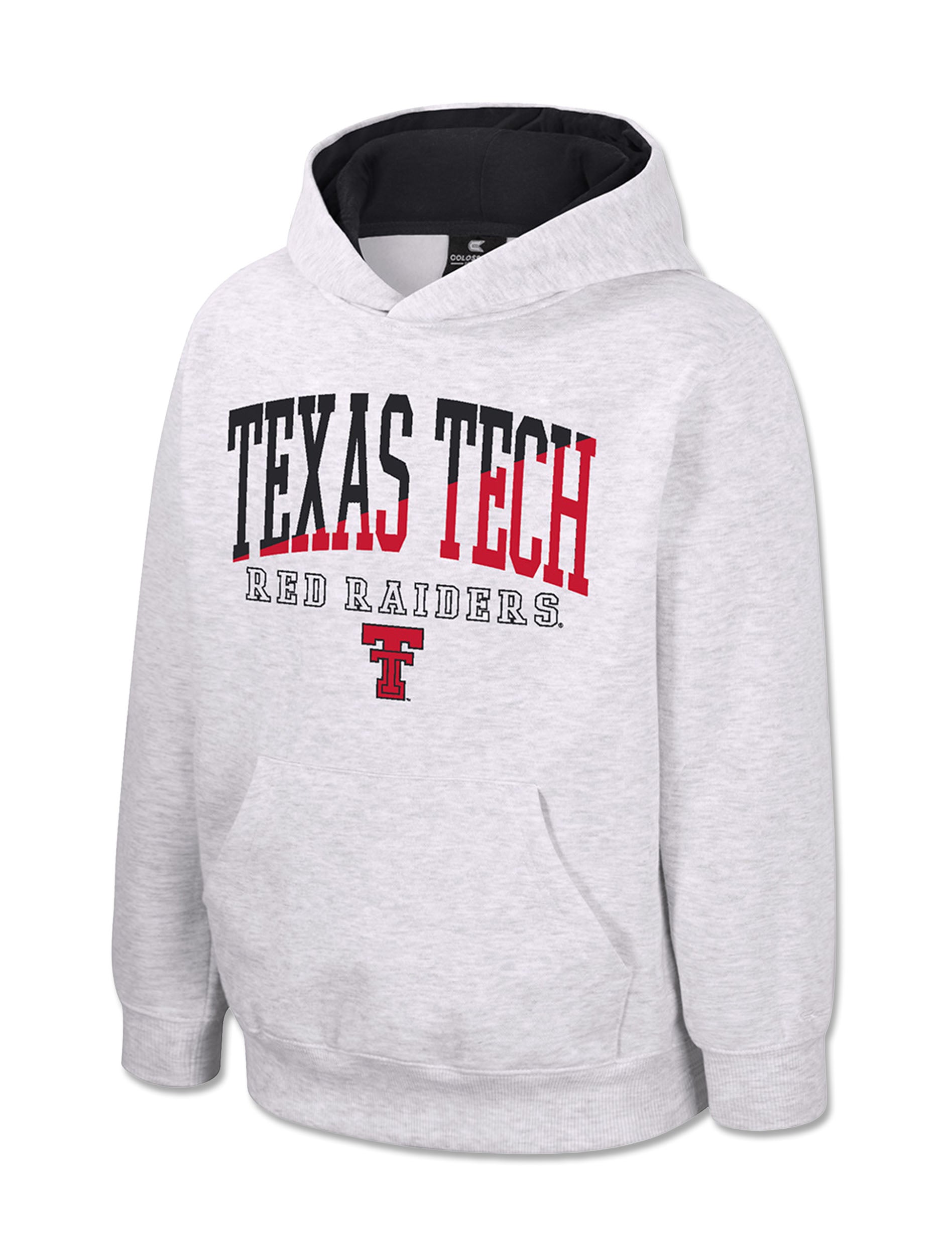 Light heather grey Texas Tech youth hoodie with arched TEXAS TECH split black and red, RED RAIDERS in white and a red Double T