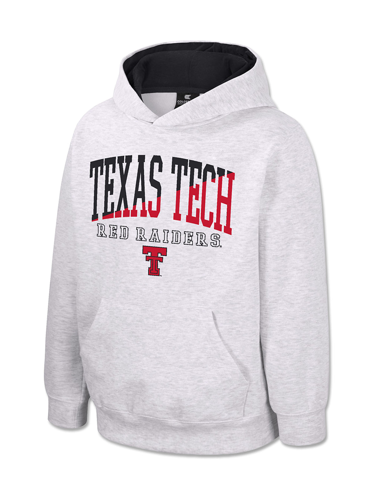 Light heather grey Texas Tech youth hoodie with arched TEXAS TECH split black and red, RED RAIDERS in white and a red Double T
