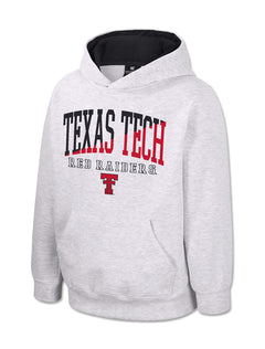 Light heather grey Texas Tech youth hoodie with arched TEXAS TECH split black and red, RED RAIDERS in white and a red Double T