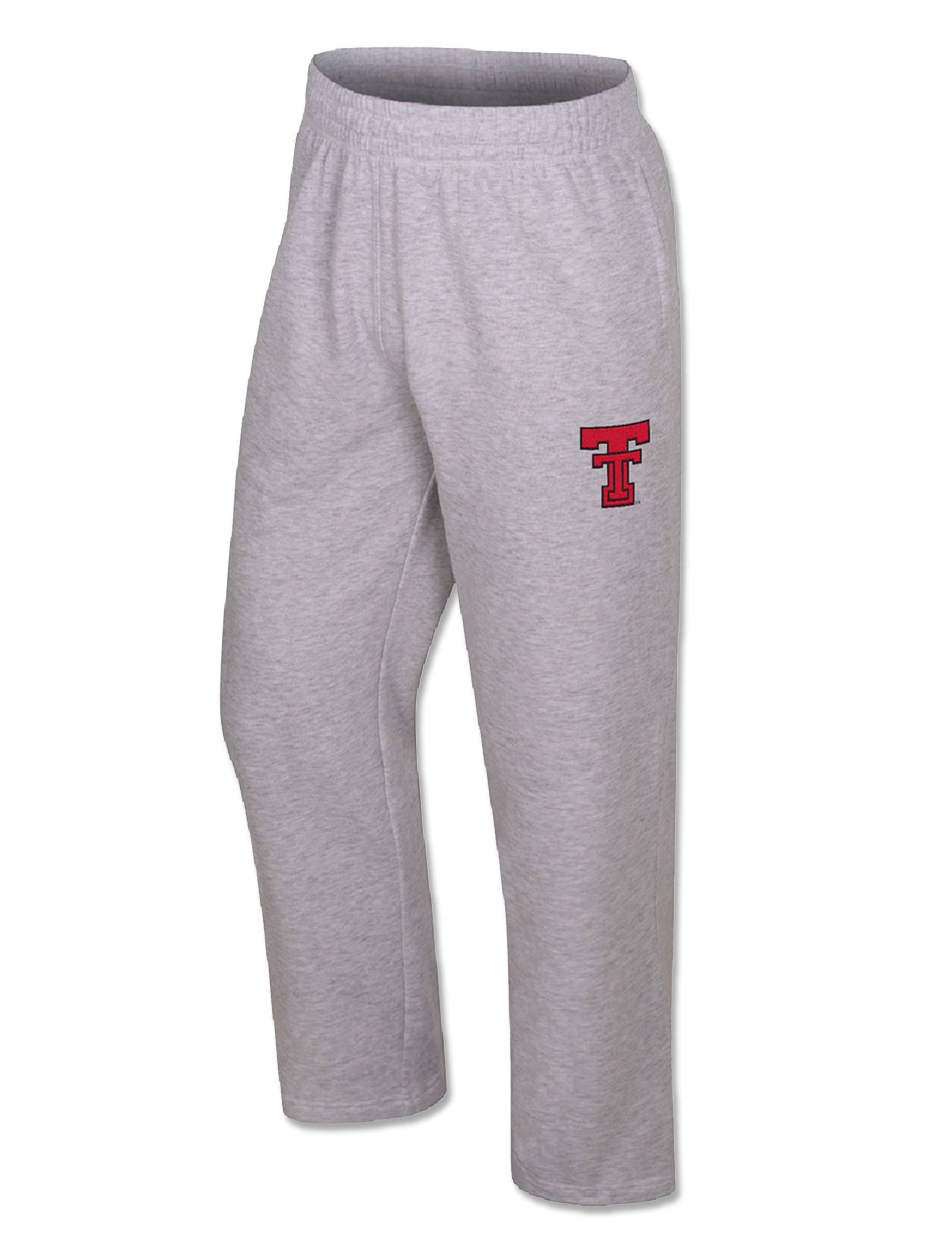 Front of light heather grey Texas Tech sweatpants with a red Double T at the left thigh and an open bottom hem