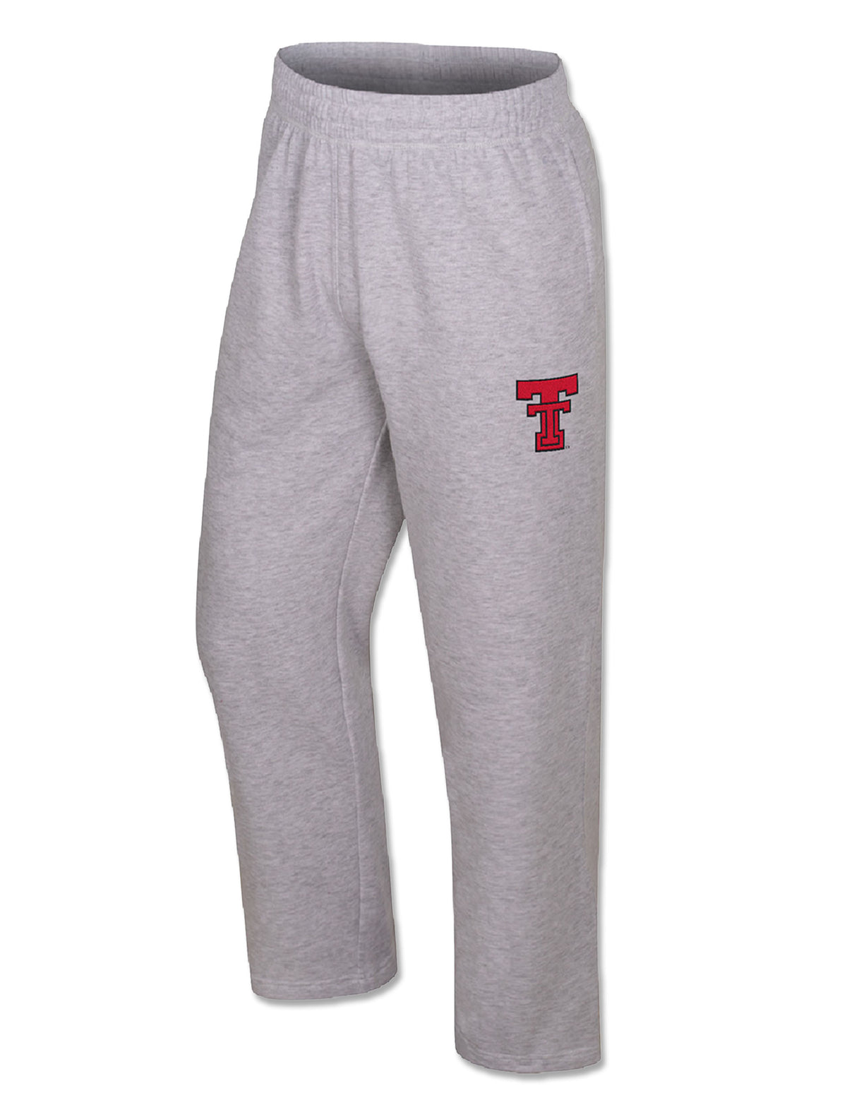 Front of light heather grey Texas Tech sweatpants with a red Double T at the left thigh and an open bottom hem