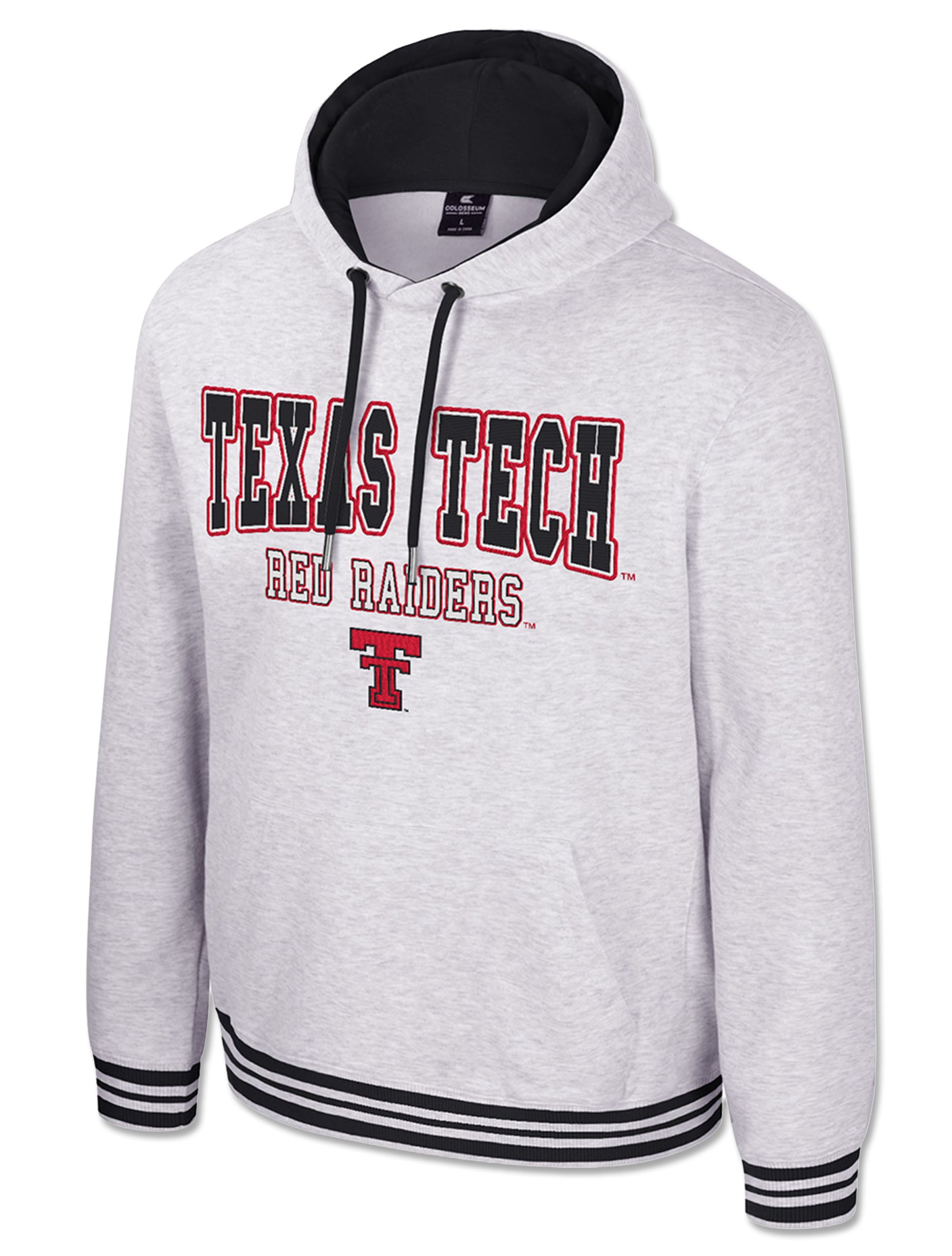 Light heather grey Texas Tech hooded sweatshirt with black and red TEXAS TECH and RED RAIDERS lettering, a red Double T, a black lined hood and striped rib cuffs and hem