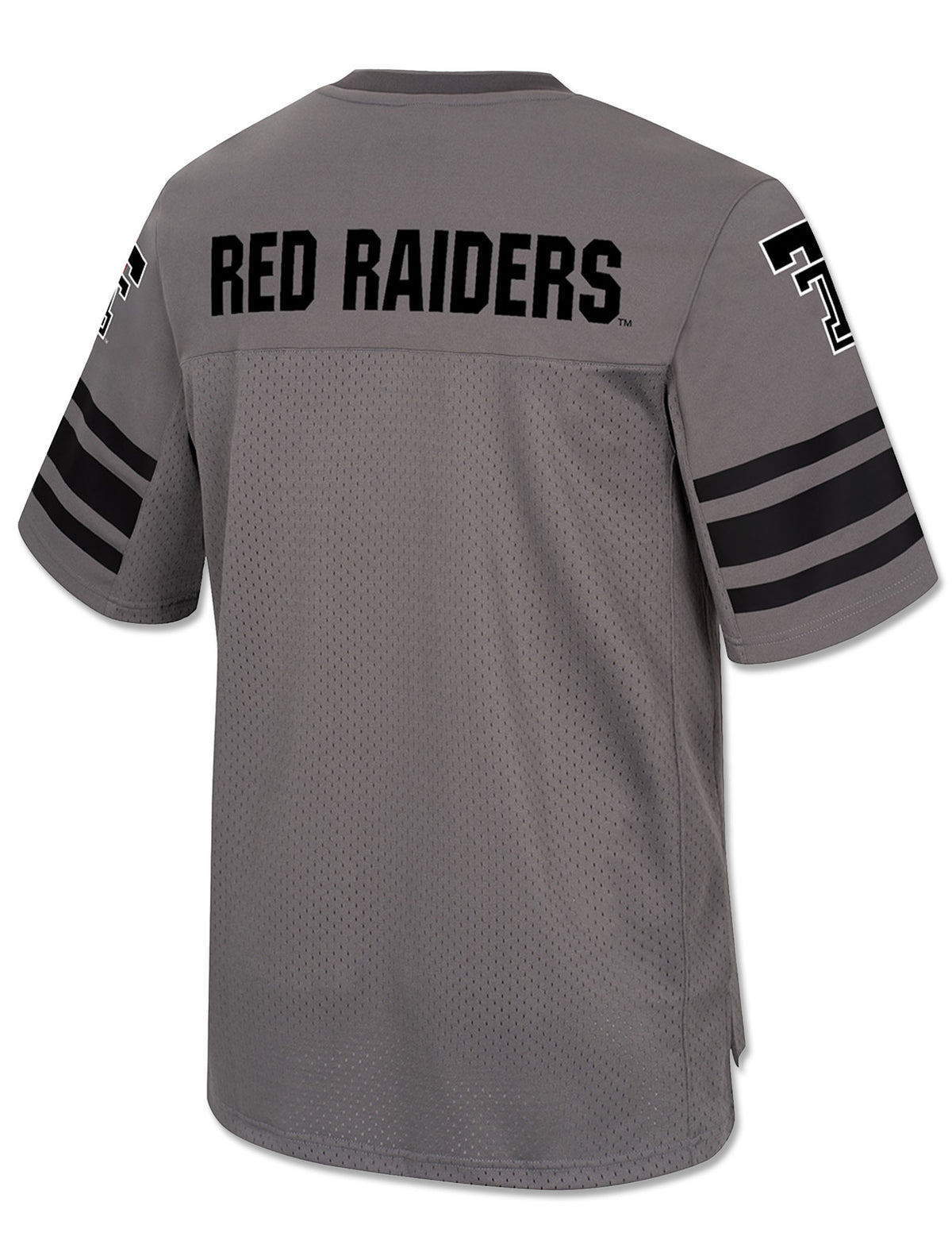 Back of the charcoal Arena Texas Tech football jersey with RED RAIDERS in black across the shoulders