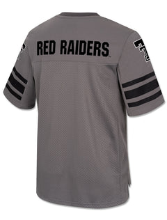 Back of the charcoal Arena Texas Tech football jersey with RED RAIDERS in black across the shoulders