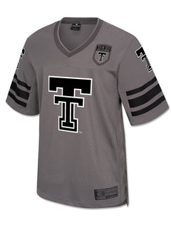 Black Double T with a white outline on a charcoal Arena Texas Tech mesh football jersey