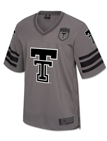 Black Double T with a white outline on a charcoal Arena Texas Tech mesh football jersey