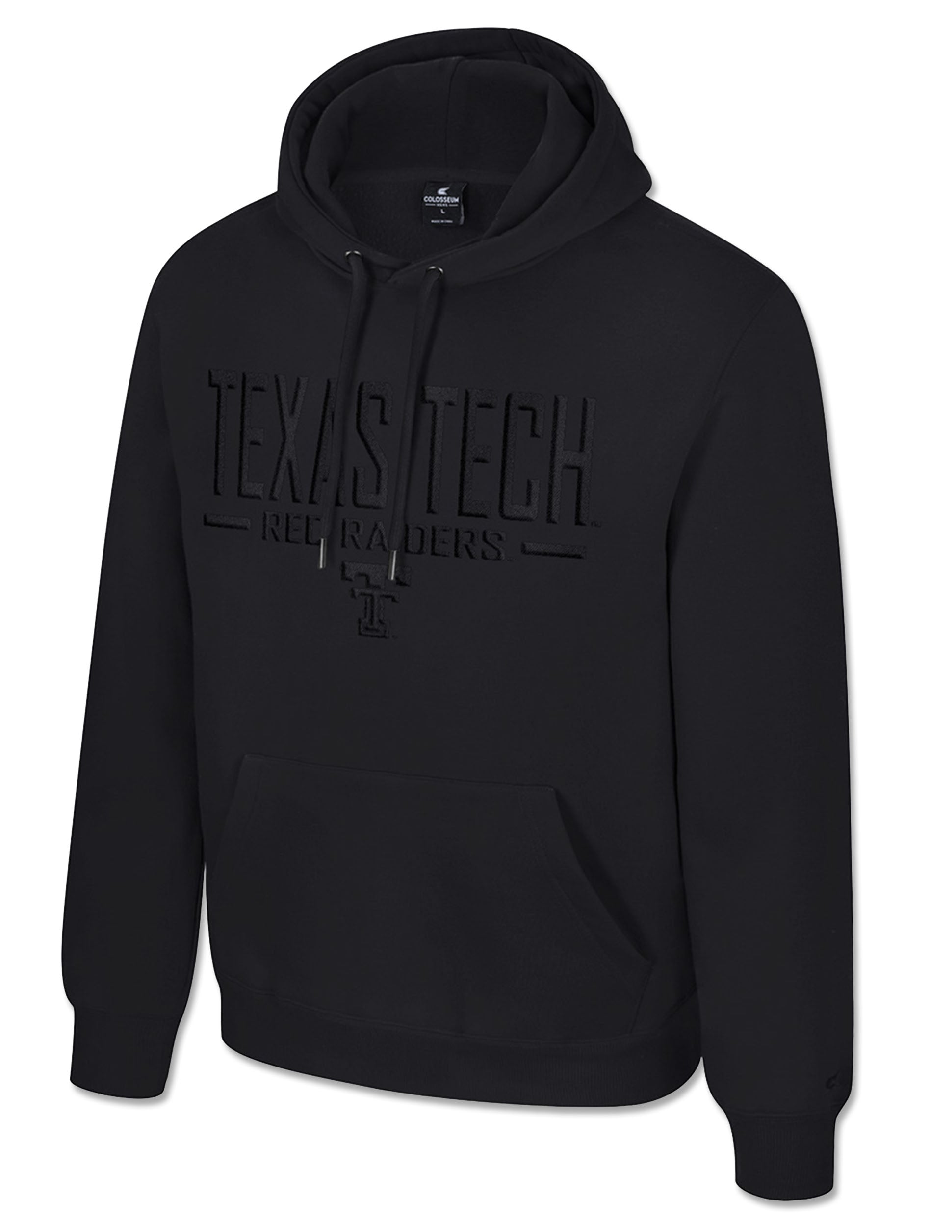 Black Texas Tech hooded sweatshirt with tonal black raised TEXAS TECH lettering, RED RAIDERS and a Double T on the chest