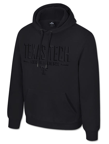 Black Texas Tech hooded sweatshirt with tonal black raised TEXAS TECH lettering, RED RAIDERS and a Double T on the chest