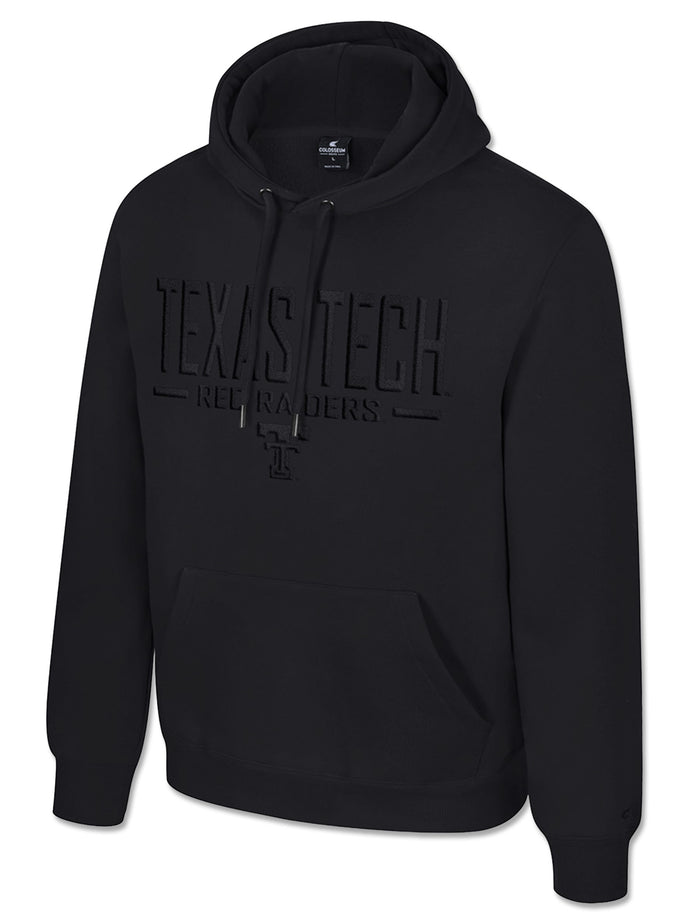 Black Texas Tech hooded sweatshirt with tonal black raised TEXAS TECH lettering, RED RAIDERS and a Double T on the chest