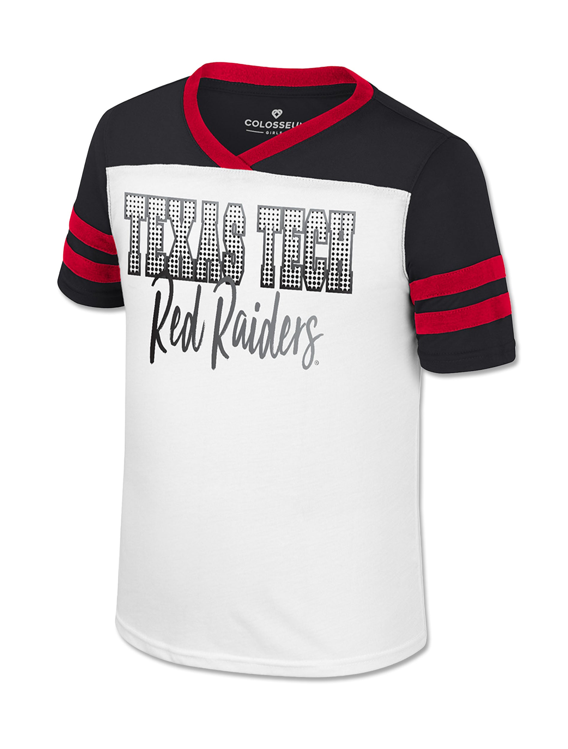 White Texas Tech girls jersey tee with a black yoke and sleeves, red trimmed V neck, red sleeve stripes and TEXAS TECH over Red Raiders in silver lettering
