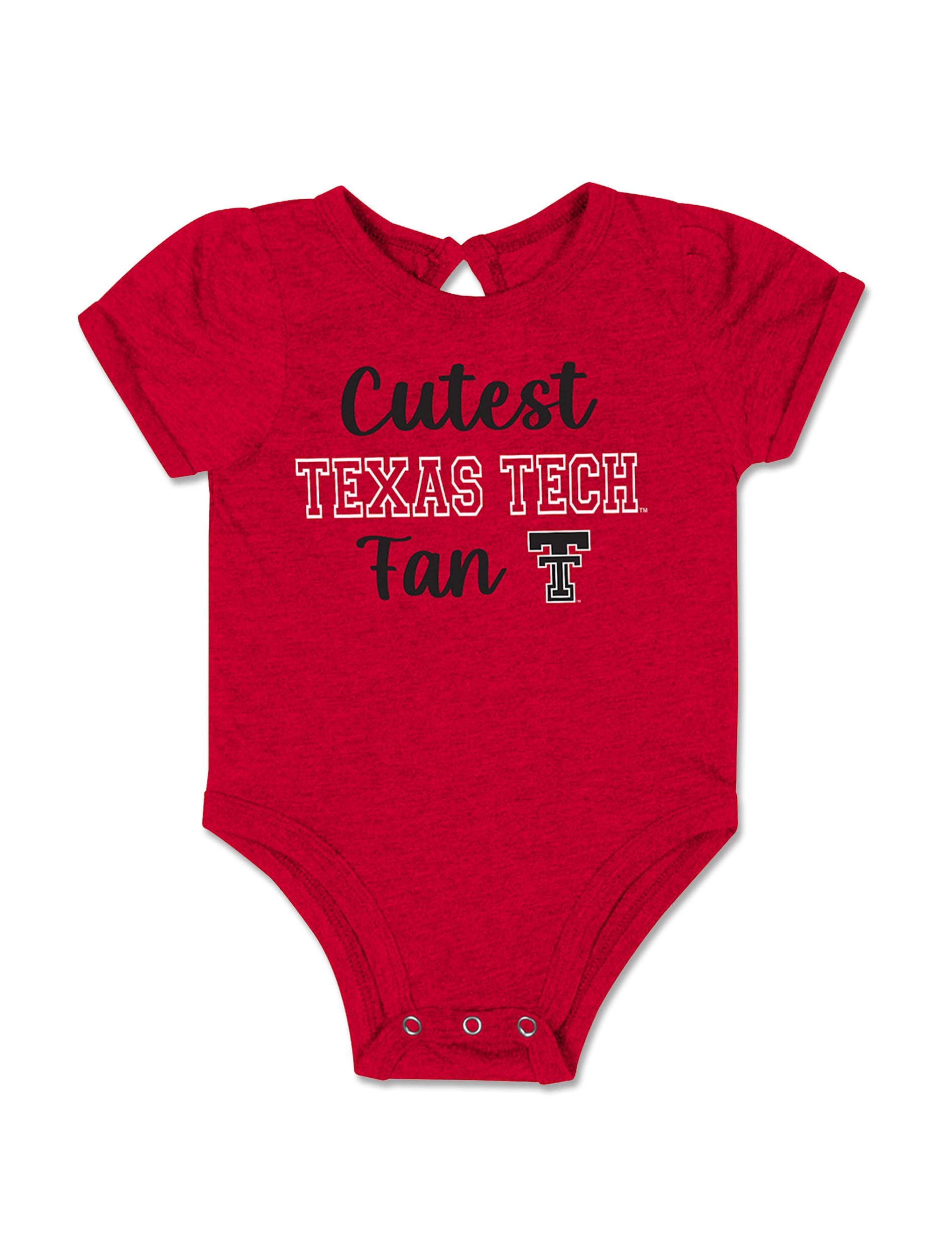 Heather red Texas Tech infant onesie reading Cutest in black script above TEXAS TECH in white outlined letters, with Fan and the Double T beneath
