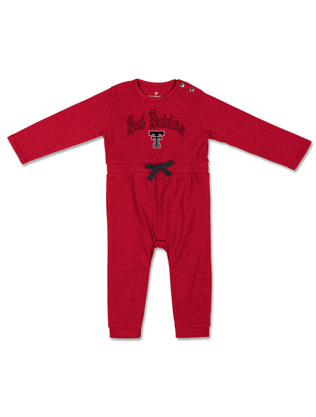 Black Red Raiders script and Double T on a heather red Arena Texas Tech infant girls romper with a black bow at the waist