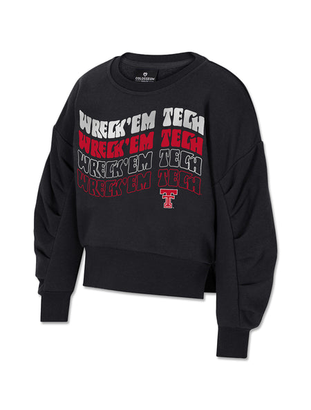Stacked retro Wreck’Em Tech lettering in white and red with a red Double T on a black Arena Texas Tech toddler girls crew sweatshirt