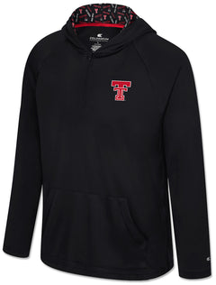 Front view of a red Double T on a black Arena Texas Tech quarter zip hooded windshirt with a printed hood lining