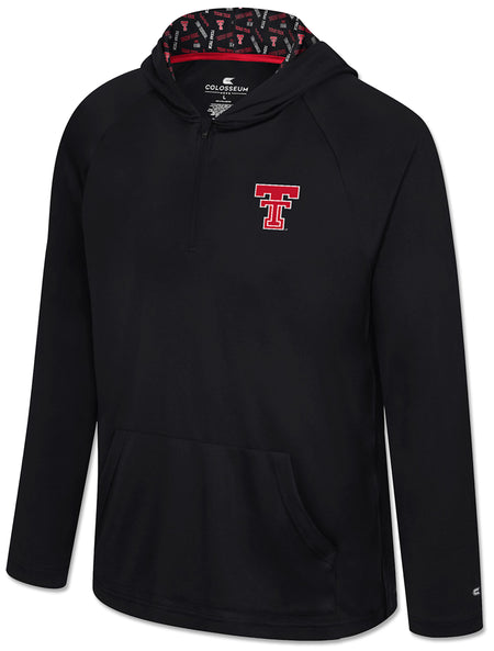 Front view of a red Double T on a black Arena Texas Tech quarter zip hooded windshirt with a printed hood lining