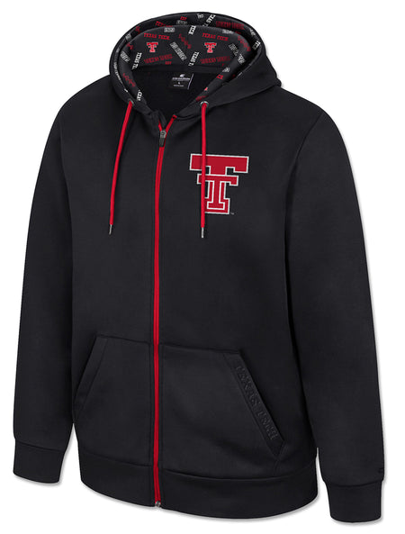 Red Double T on a black Arena Texas Tech full zip poly fleece hoodie with a red zipper and printed hood lining