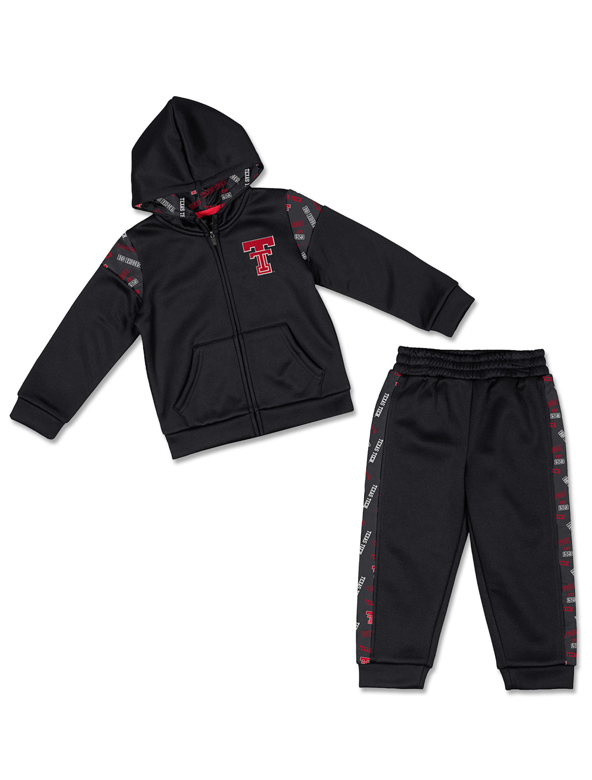 Red Double T on a black Arena Texas Tech toddler fleece set with a full zip hoodie and joggers with printed Texas Tech side panels