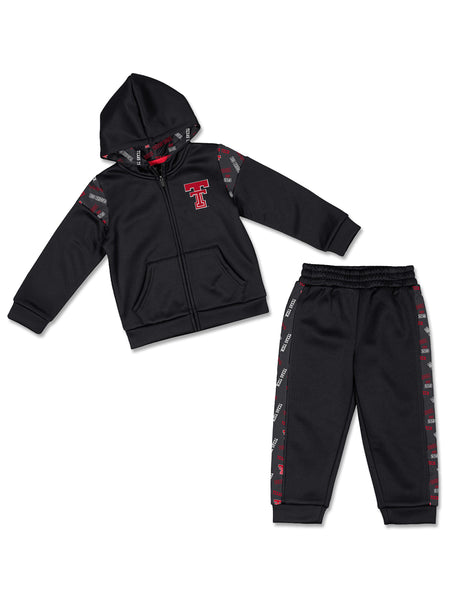 Red Double T on a black Arena Texas Tech toddler fleece set with a full zip hoodie and joggers with printed Texas Tech side panels