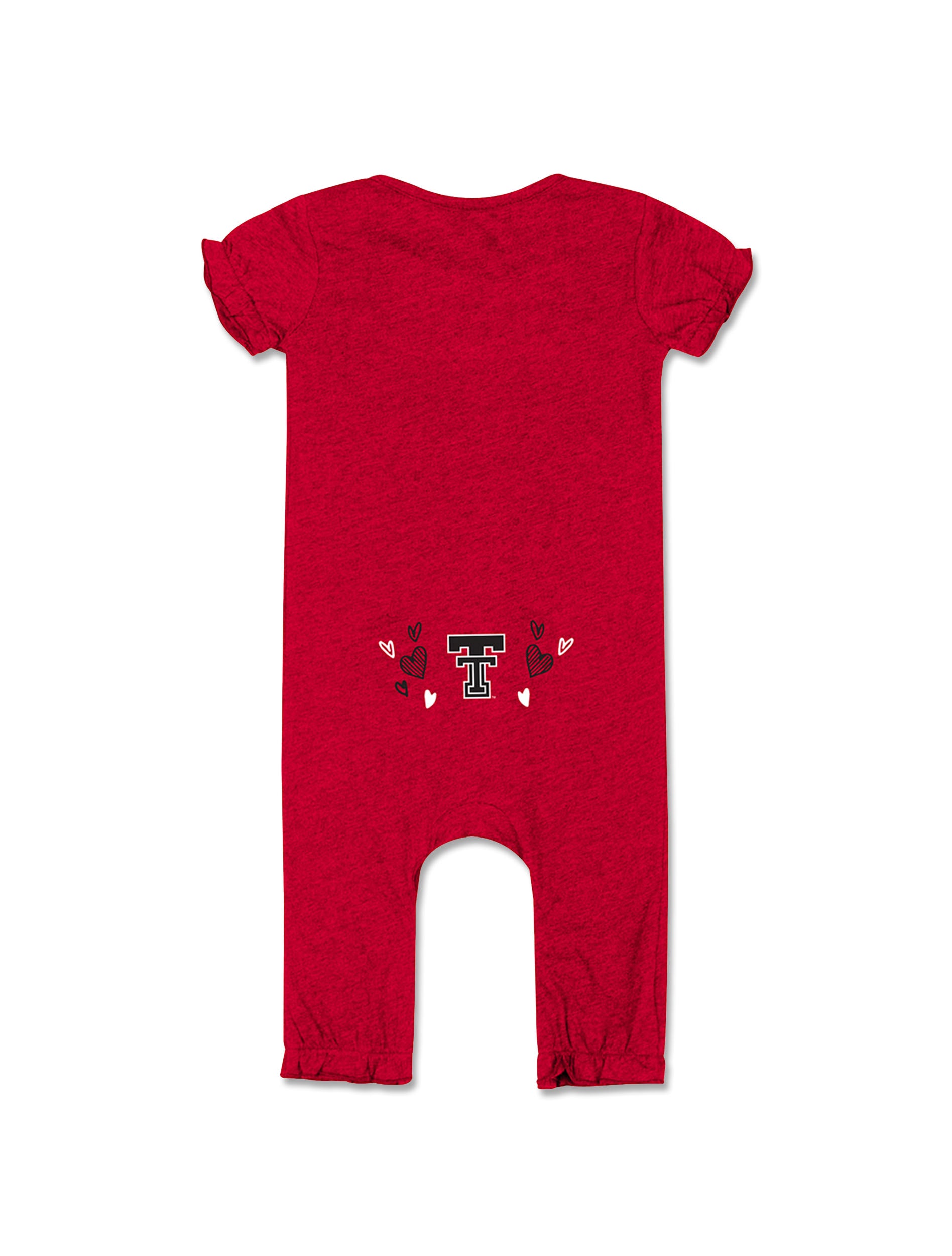 Back of the heather red Texas Tech infant romper with the Double T at the lower back surrounded by scattered hearts