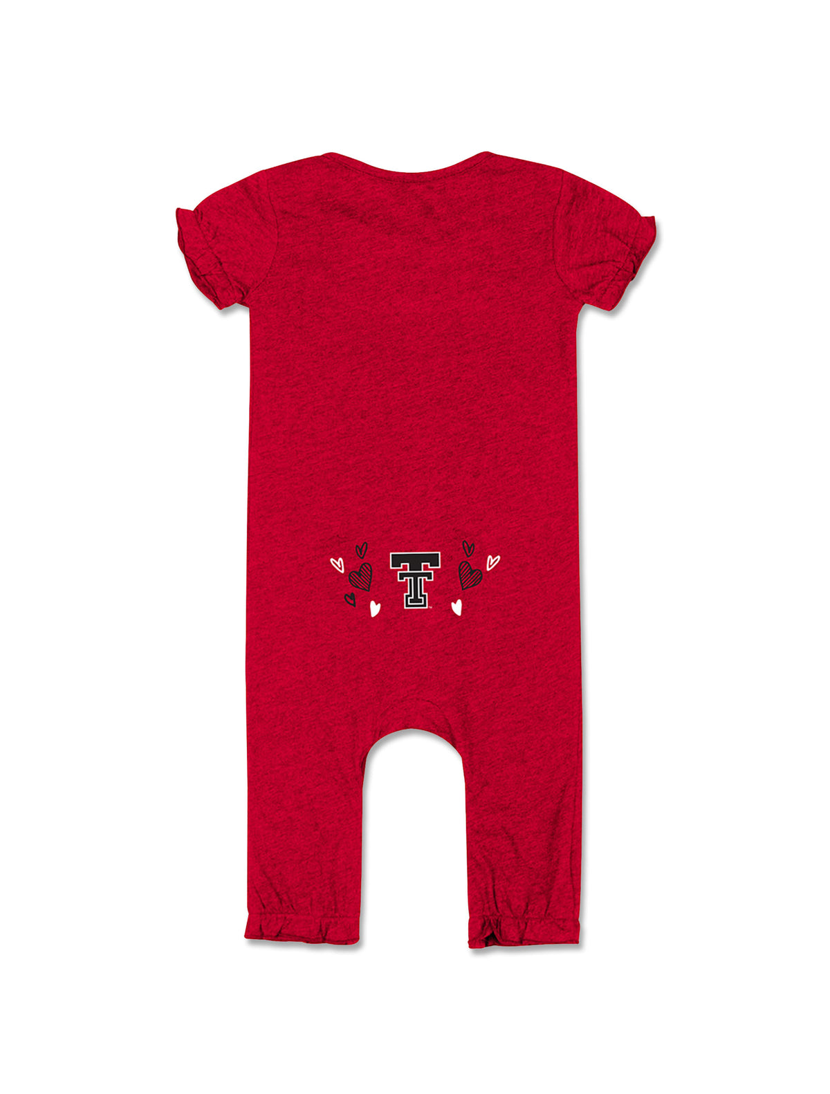 Back of the heather red Texas Tech infant romper with the Double T at the lower back surrounded by scattered hearts