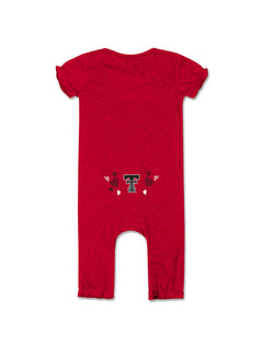 Back of the heather red Texas Tech infant romper with the Double T at the lower back surrounded by scattered hearts