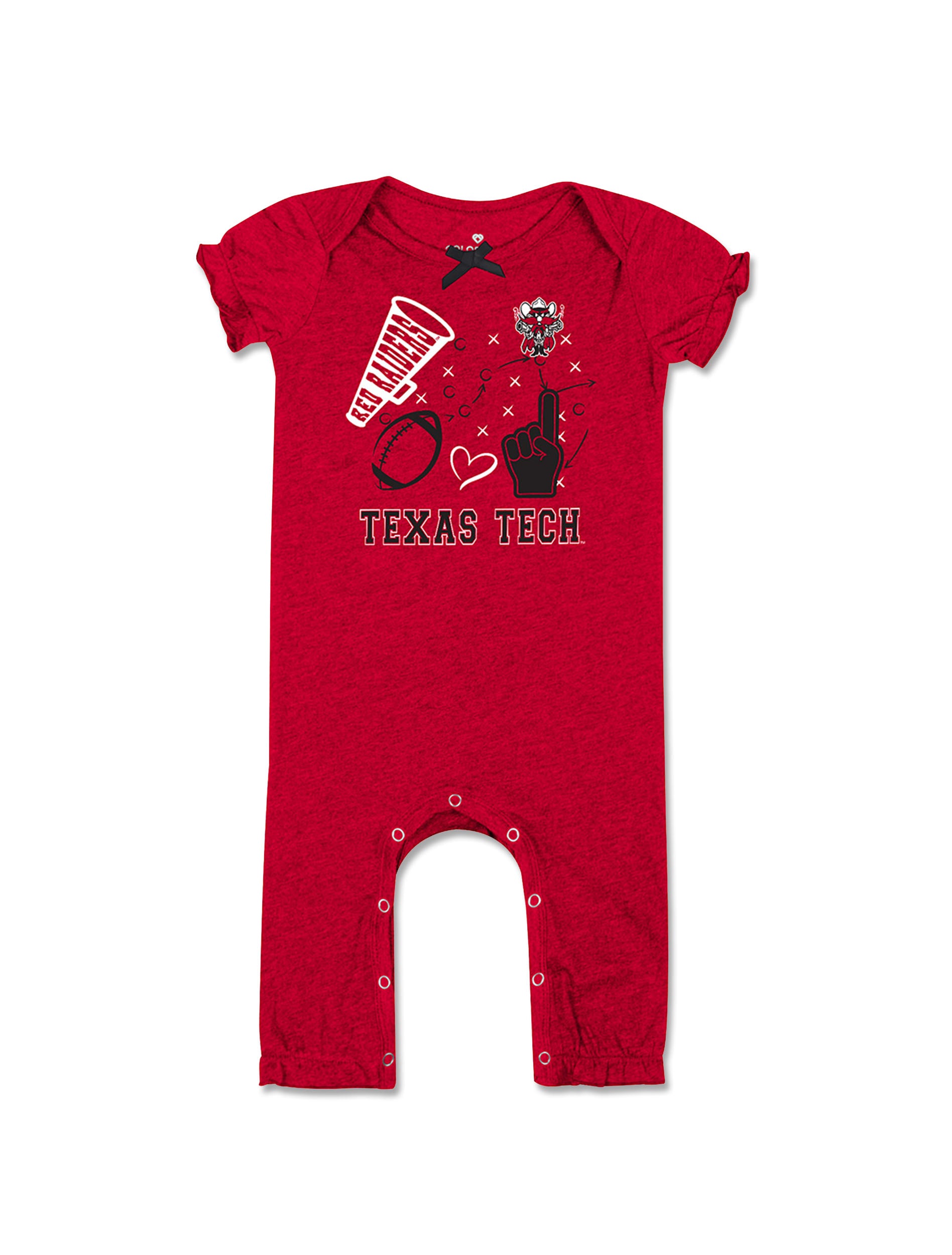 Front of the heather red Texas Tech infant romper with a megaphone, Raider Red, a football and a foam finger over play diagram lines, with TEXAS TECH beneath