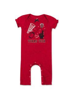 Front of the heather red Texas Tech infant romper with a megaphone, Raider Red, a football and a foam finger over play diagram lines, with TEXAS TECH beneath