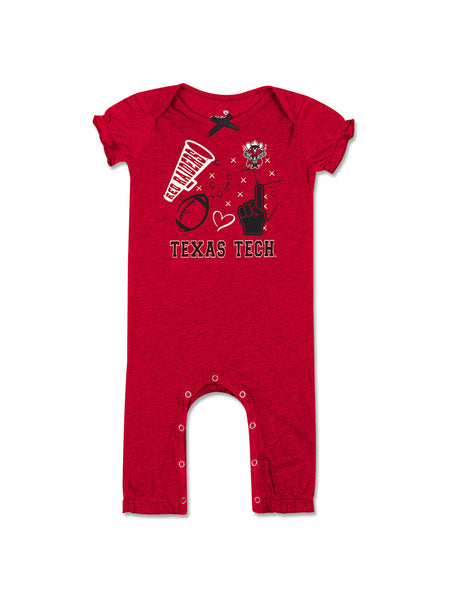 Front of the heather red Texas Tech infant romper with a megaphone, Raider Red, a football and a foam finger over play diagram lines, with TEXAS TECH beneath
