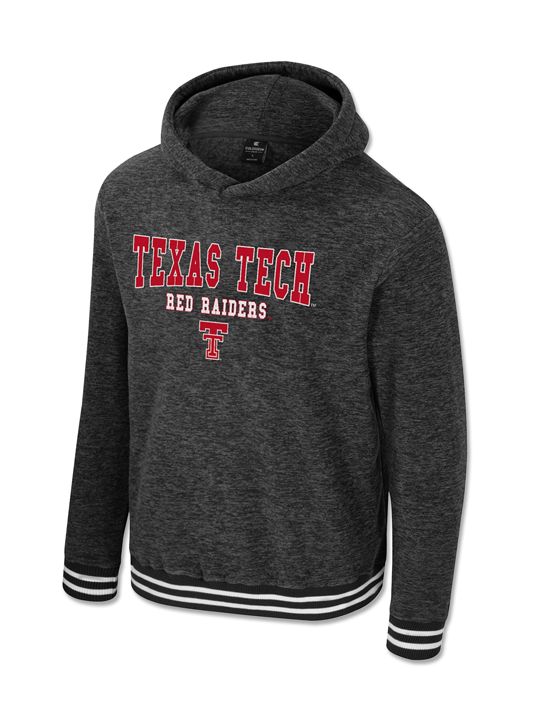 Heathered black Texas Tech youth polar fleece hoodie with arched TEXAS TECH over RED RAIDERS and a red Double T, with black and white striped rib cuffs and hem
